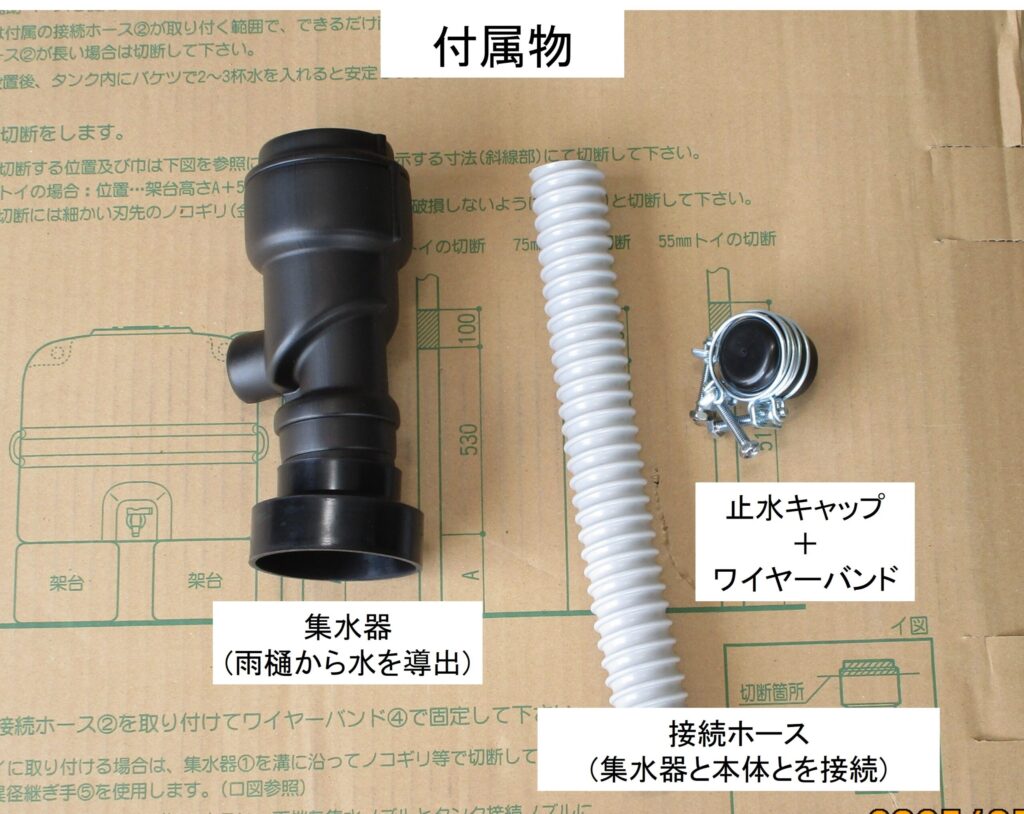 中に集水器、接続ホース、ワイヤーバンド、止水キャップが入っています