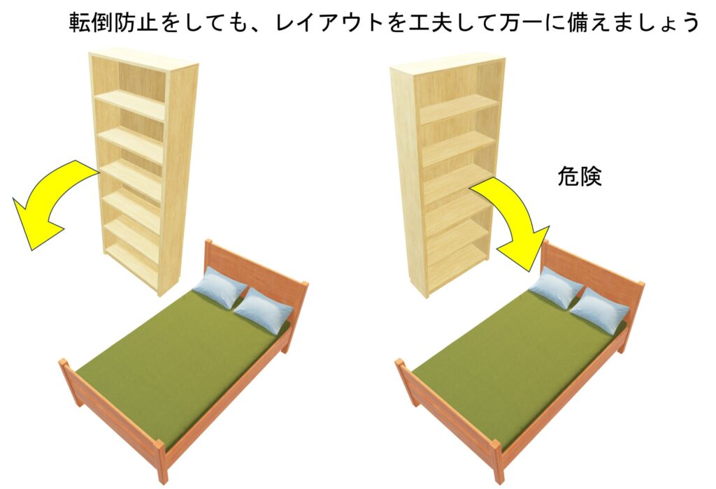 転倒防止をしていても、万が一倒れてきた場合のことを想定して危険を避けておくことが大事