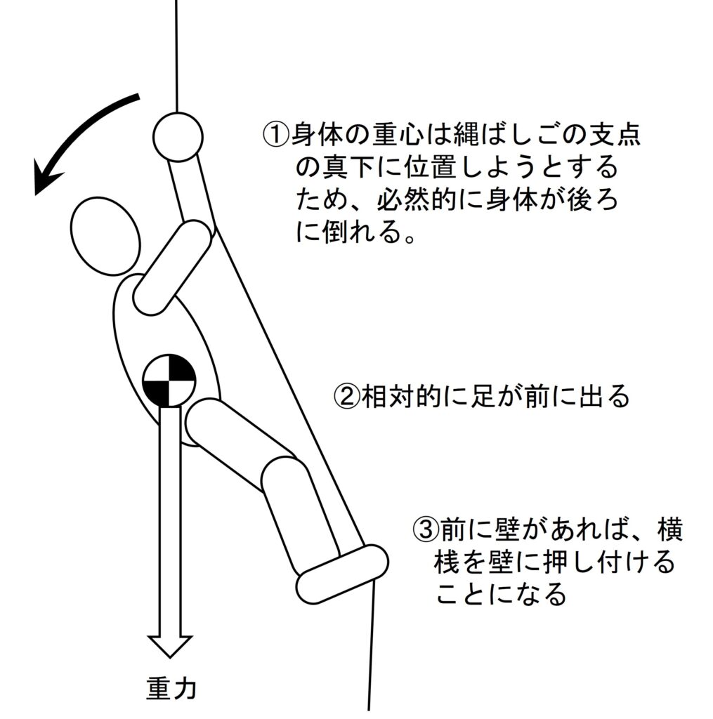 縄ばしごは、もし壁がないところでぶら下がっただけでは身体が後ろに傾きます。重心が縄ばしごの支点の真下に位置しようとするから