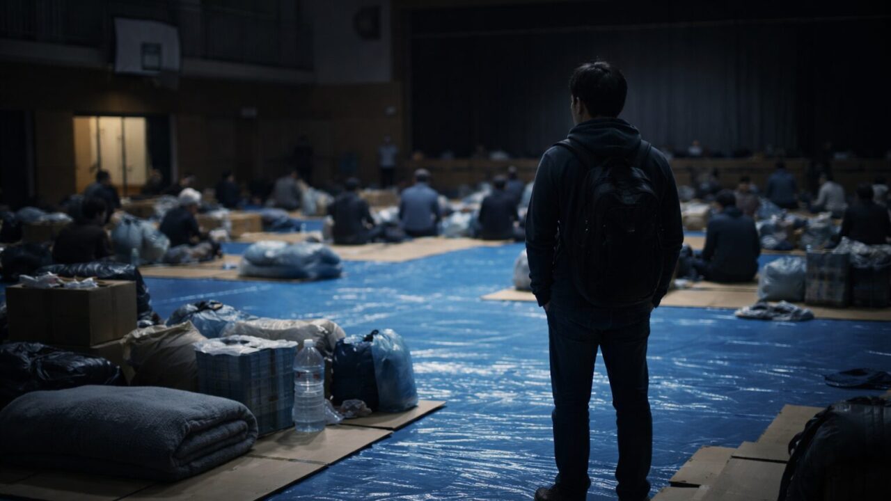 避難所で一人佇む男性